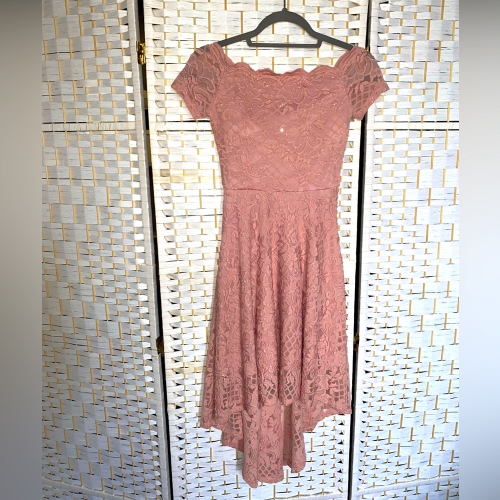 Blush pink lace tuxedo-style dress, off the shoulder, size 0